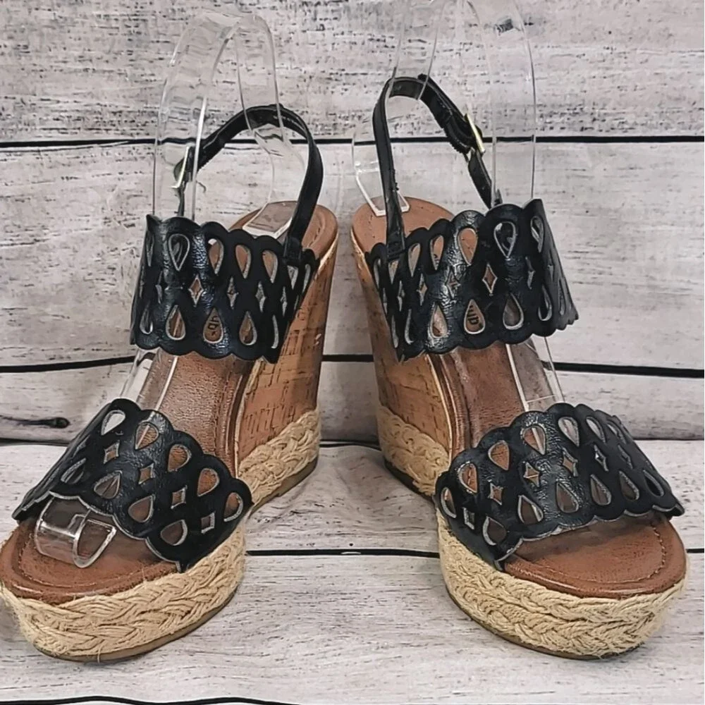 Montego Bay Club Black Cork Strappy Wedge Penny Penny Womens Size 8.5